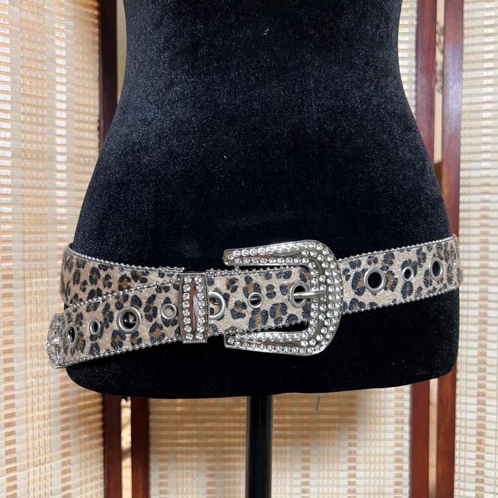 Leopard Print Rhinestone Western Belt Faux Leather M/L